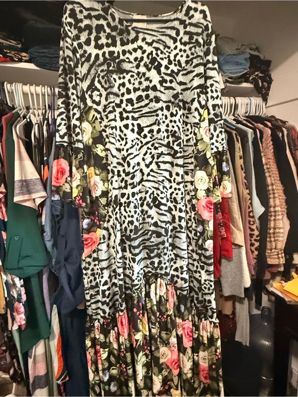 Floral & Animal Print Maxi Dress in Black and White